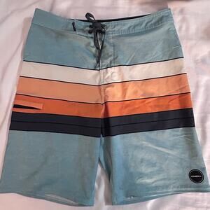 O’Neill Hyperfreak Board Shorts Size 28 Blue Orange Striped Surf Swim Trunks